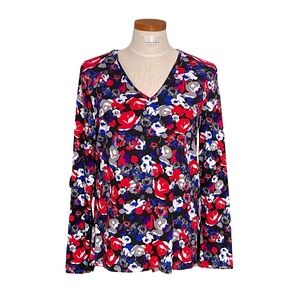 Jones New York Signature Long Sleeve Floral V neck 100% Cotton Blouse SzXL